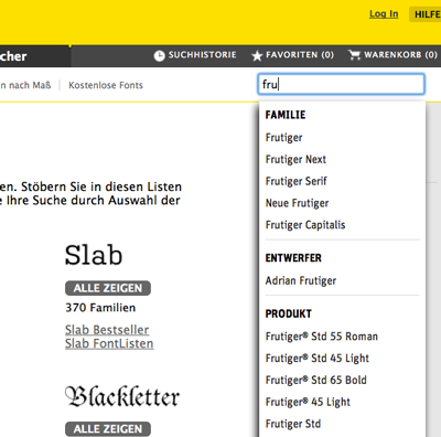 Frutiger-Suchergebnis bei FontShop.com