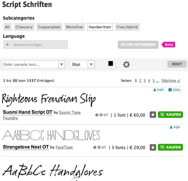 FontShop: Script-Subkategorien