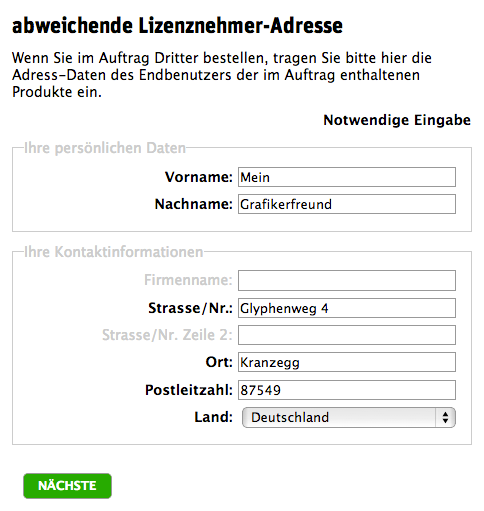 FontShop: Abweichende-Lizenznehmer-Adresse
