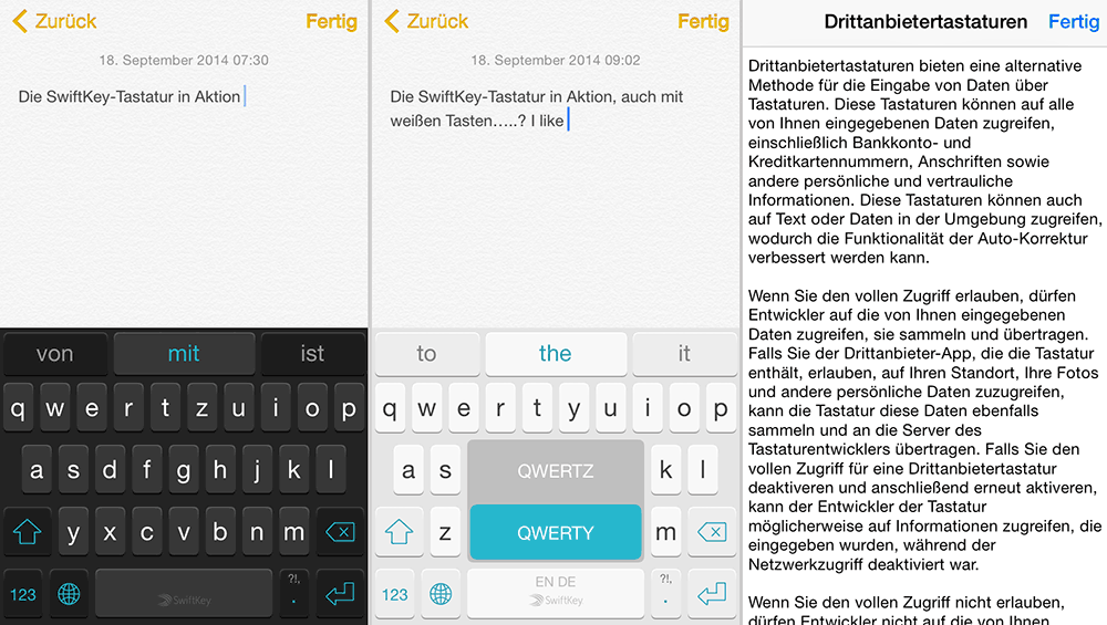 Drei Screens mit SwiftKey auf dem iPhone